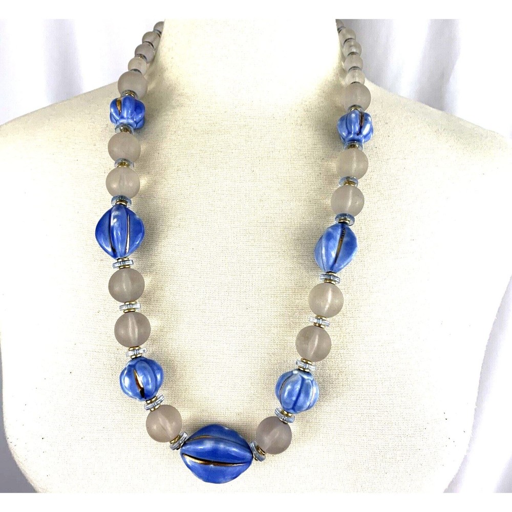 Long Chunky Bead Necklace Clear Lucite Periwinkle Ceramic Blue Purple Vintage